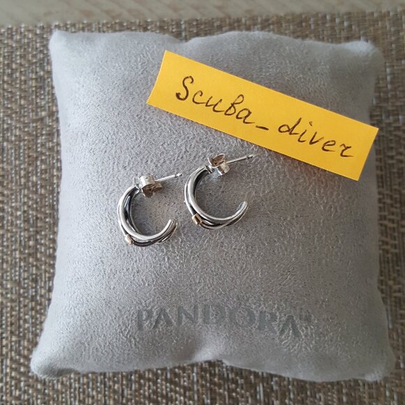 RARE Pandora Two-Tone 925 Silver 14K Gold Crossover Rope Hoop Huggie Earrings - Picture 4 of 12